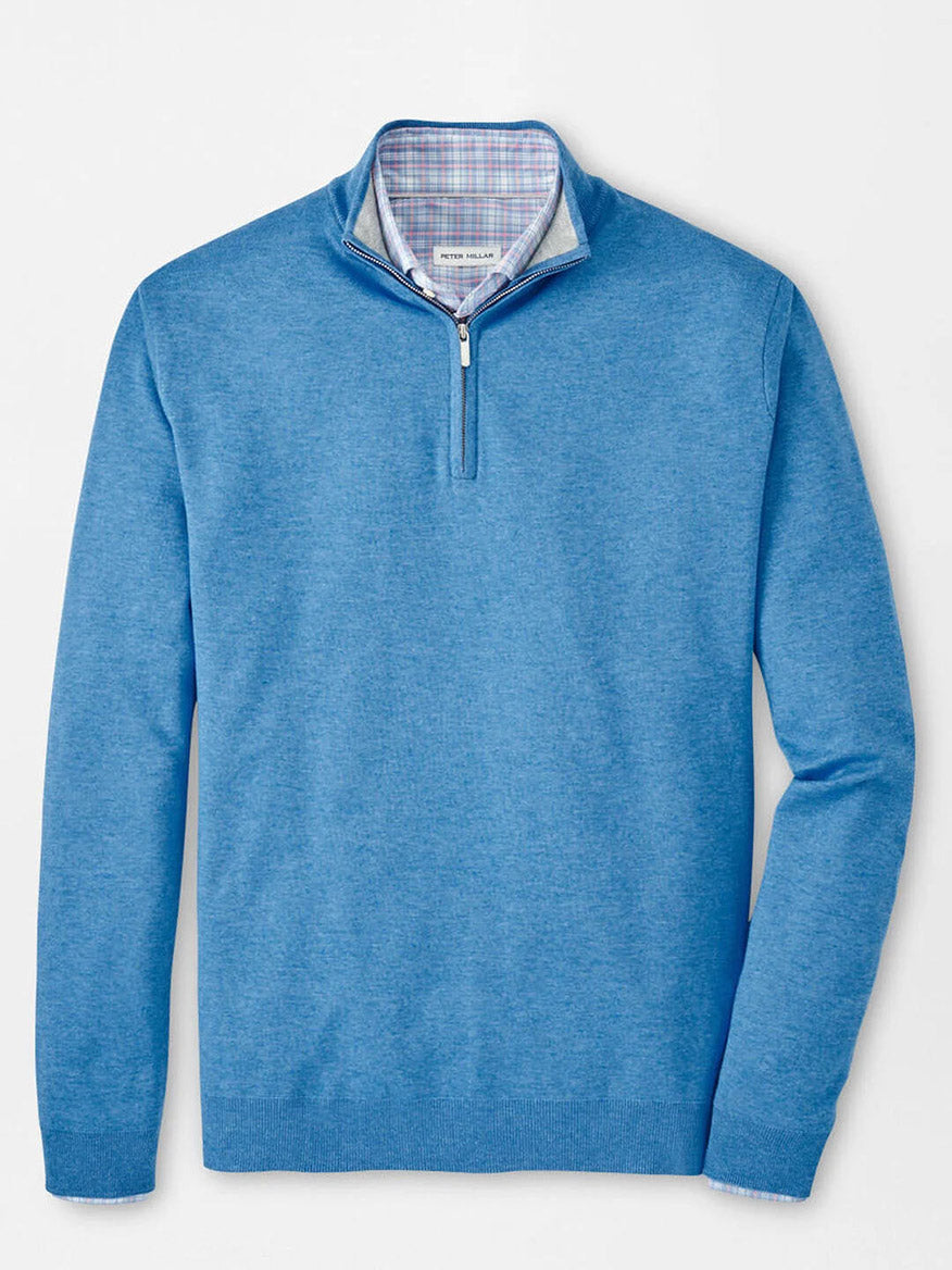 The Peter Millar Coolspun Cotton Quarter-Zip Sweater in Blue Poppy is an all-purpose layer with a checkered collar lining, perfect for versatile styling.