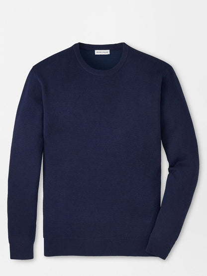 The Peter Millar Coolspun Lite Textured Crewneck Sweater in Navy is shown laid flat with long sleeves against a white background.