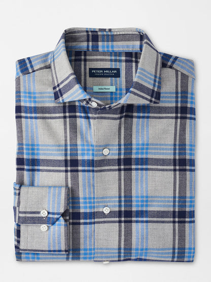 The Peter Millar Coulter Italian Flannel Sport Shirt in Gale Grey is a cotton-blend button-down featuring a collar and offers a tailored fit, making it perfect for seasonal flannels.