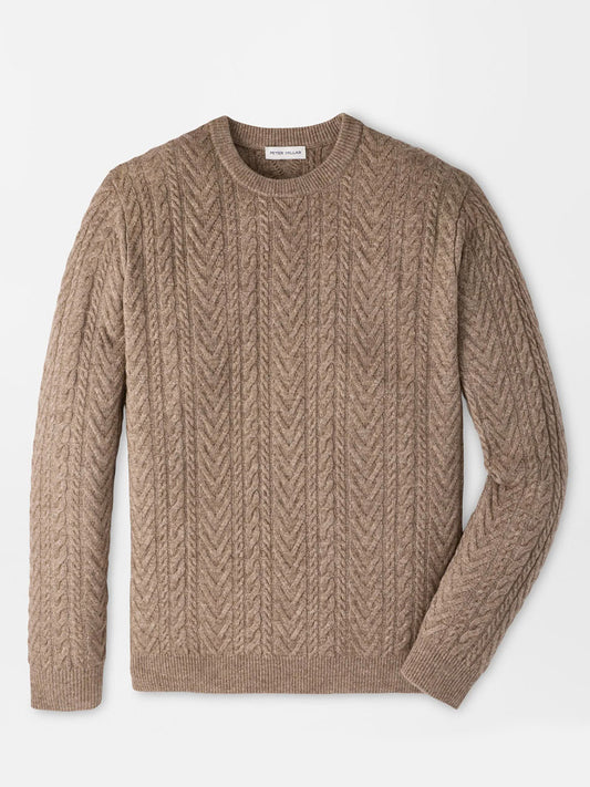 Peter Millar Crescent Cable Crewneck Sweater in Sawgrass, a tan long-sleeve cable-knit crewneck sweater in a merino-yak-cashmere blend.