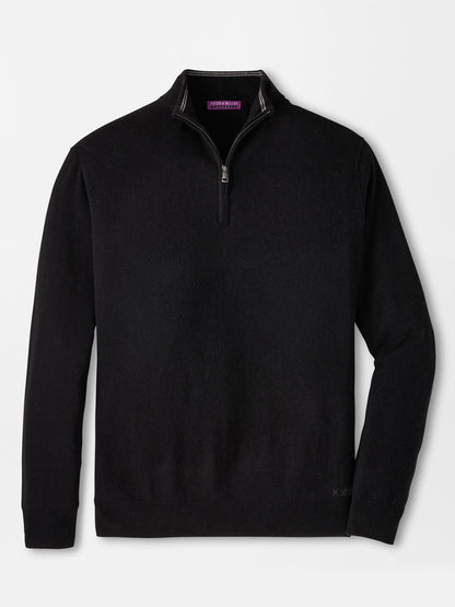 Peter Millar 25th Anniversary Cashmere Quarter-Zip Sweater in black with ribbed cuffs and hem.
