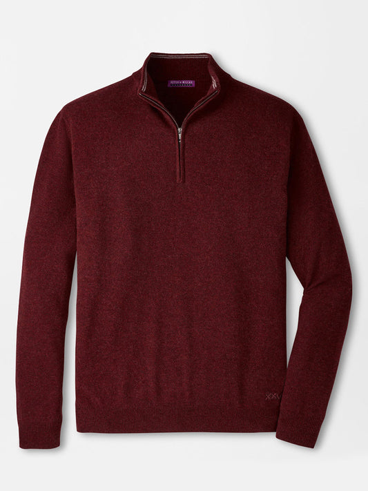 Peter Millar 25th Anniversary Cashmere Quarter-Zip Sweater in Bordeaux, featuring a classic fit, ribbed cuffs and hem, and “XXV” embroidery near the bottom.