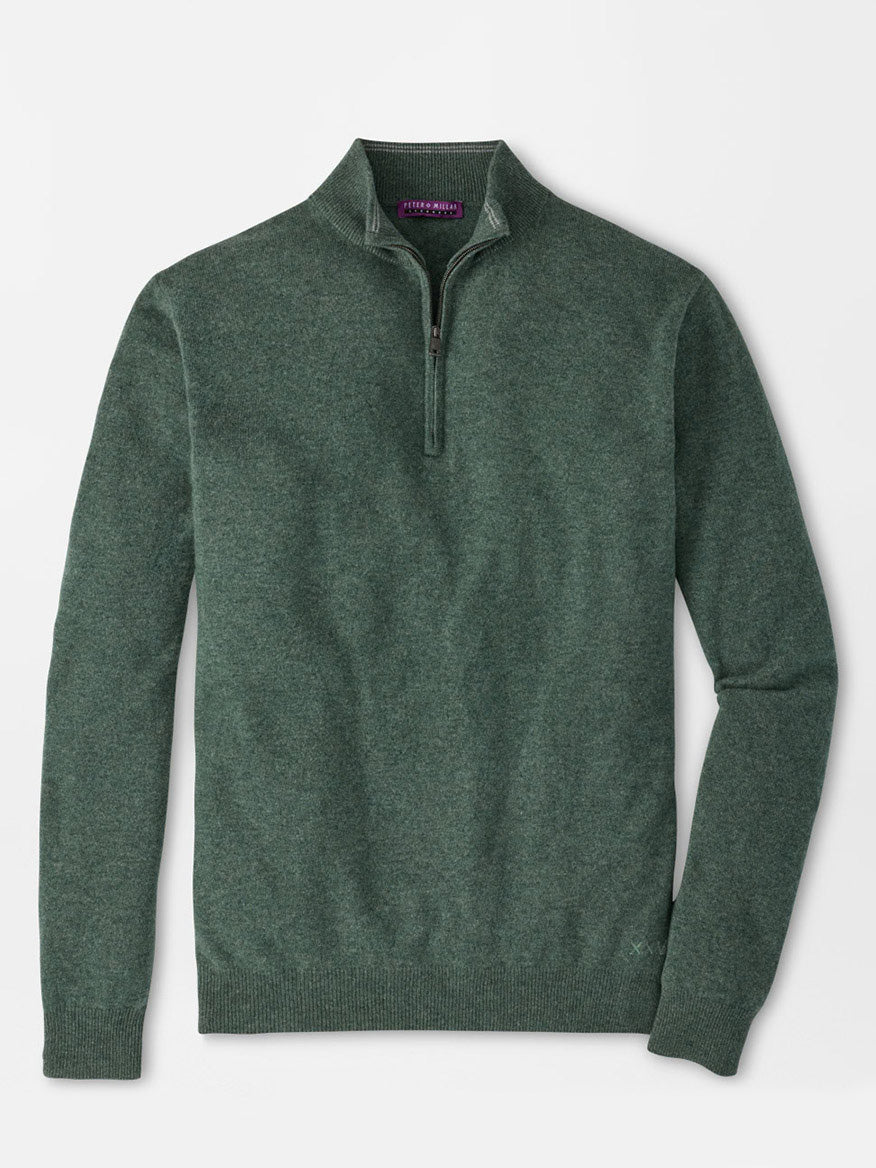 Peter Millar 25th Anniversary Cashmere Quarter-Zip Sweater in Ivy with a small XXV embroidery on the bottom left hem.
