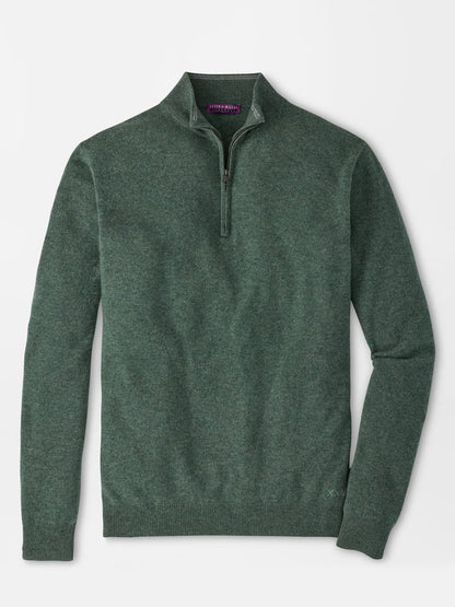 Peter Millar 25th Anniversary Cashmere Quarter-Zip Sweater in Ivy with a small XXV embroidery on the bottom left hem.