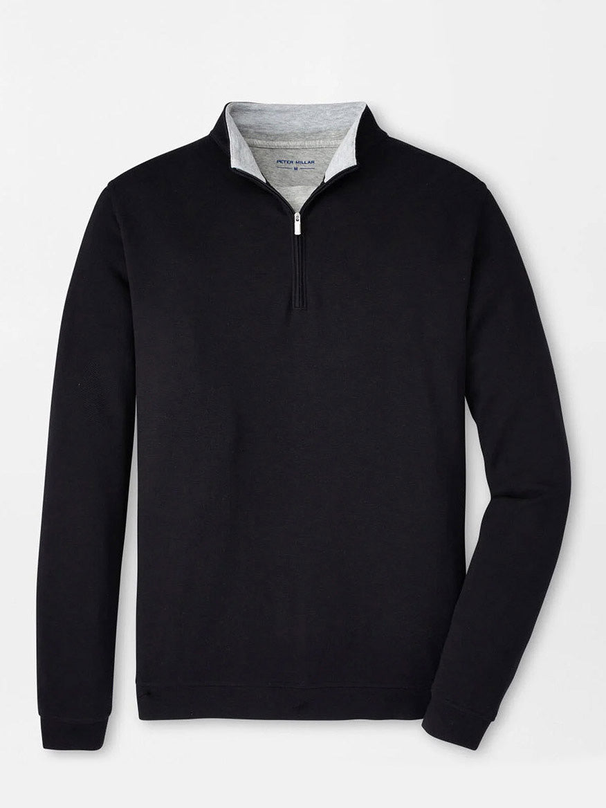 The Peter Millar Crown Comfort Pullover in Black features a light gray inner collar and four-way stretch fabric, shown against a plain white background.