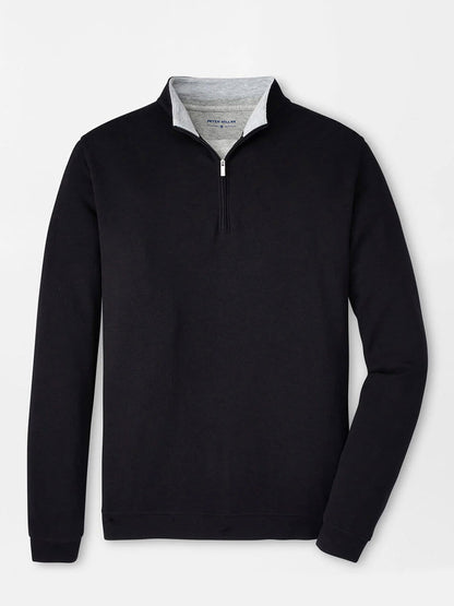 The Peter Millar Crown Comfort Pullover in Black features a light gray inner collar and four-way stretch fabric, shown against a plain white background.