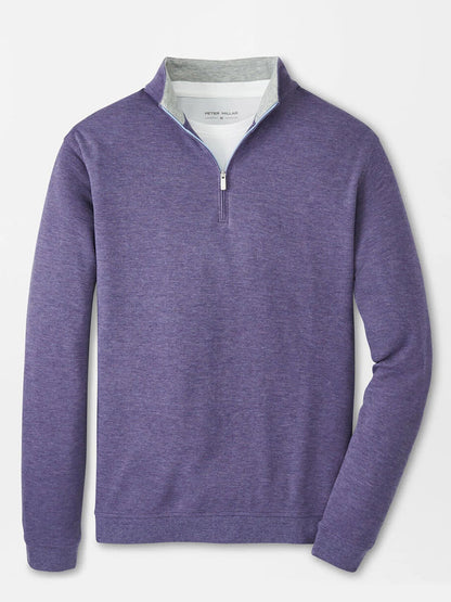 The Peter Millar Crown Comfort Pullover in Deep Violet is a long-sleeve, quarter-zip with four-way stretch, a stand collar, and white inner lining, displayed on a plain background.