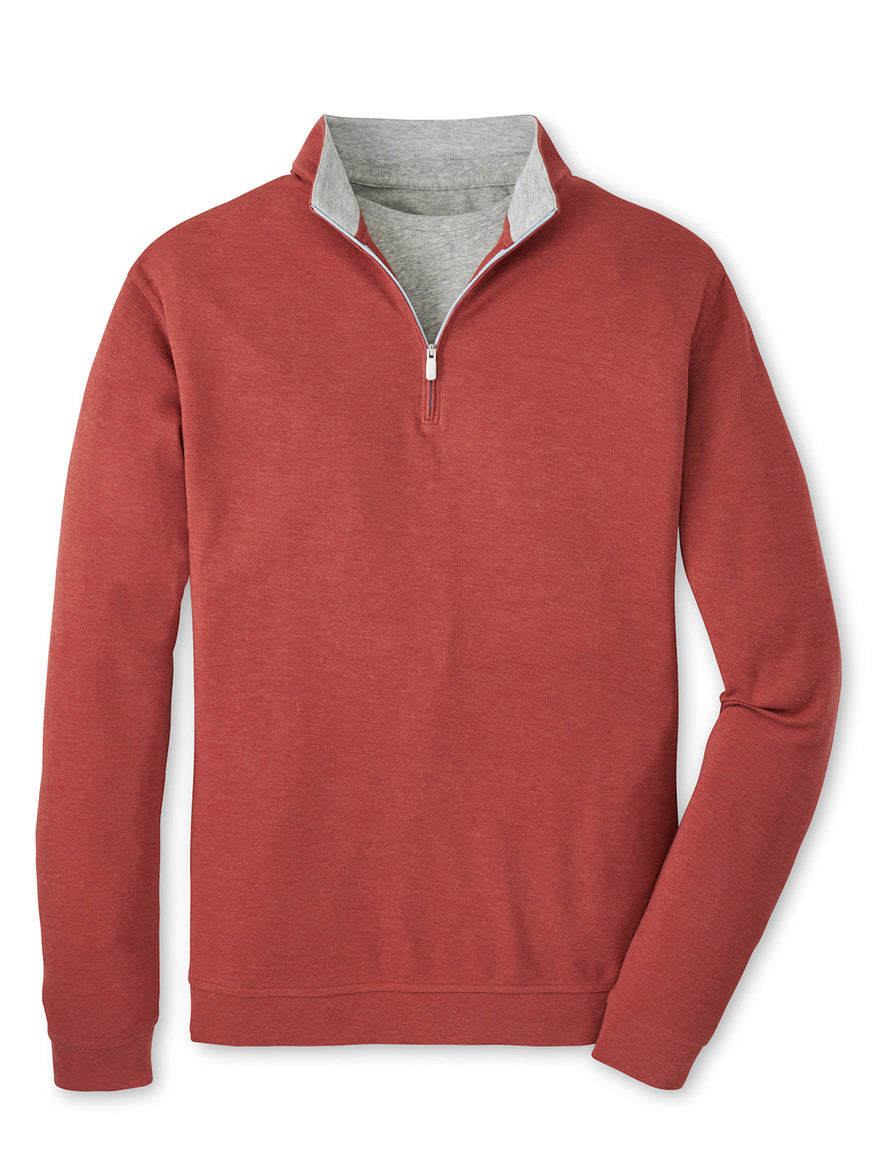 The Peter Millar Crown Comfort Pullover in Sparrow Red is a long-sleeve, quarter-zip with a light gray inner collar and four-way stretch fabric, shown against a plain white background.