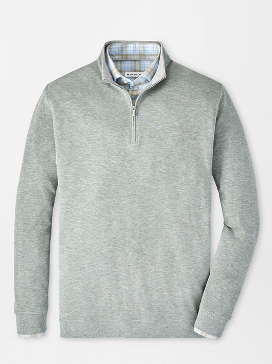 Peter Millar Crown Comfort Pullover in Tea Leaf with a plaid collar detail, crafted in comfortable cotton.