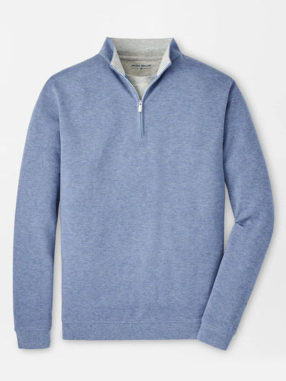 Peter Millar Crown Comfort Pullover in Blue Freesia, featuring a quarter-zip design with gray collar lining and four-way stretch fabric, shown on a plain background.