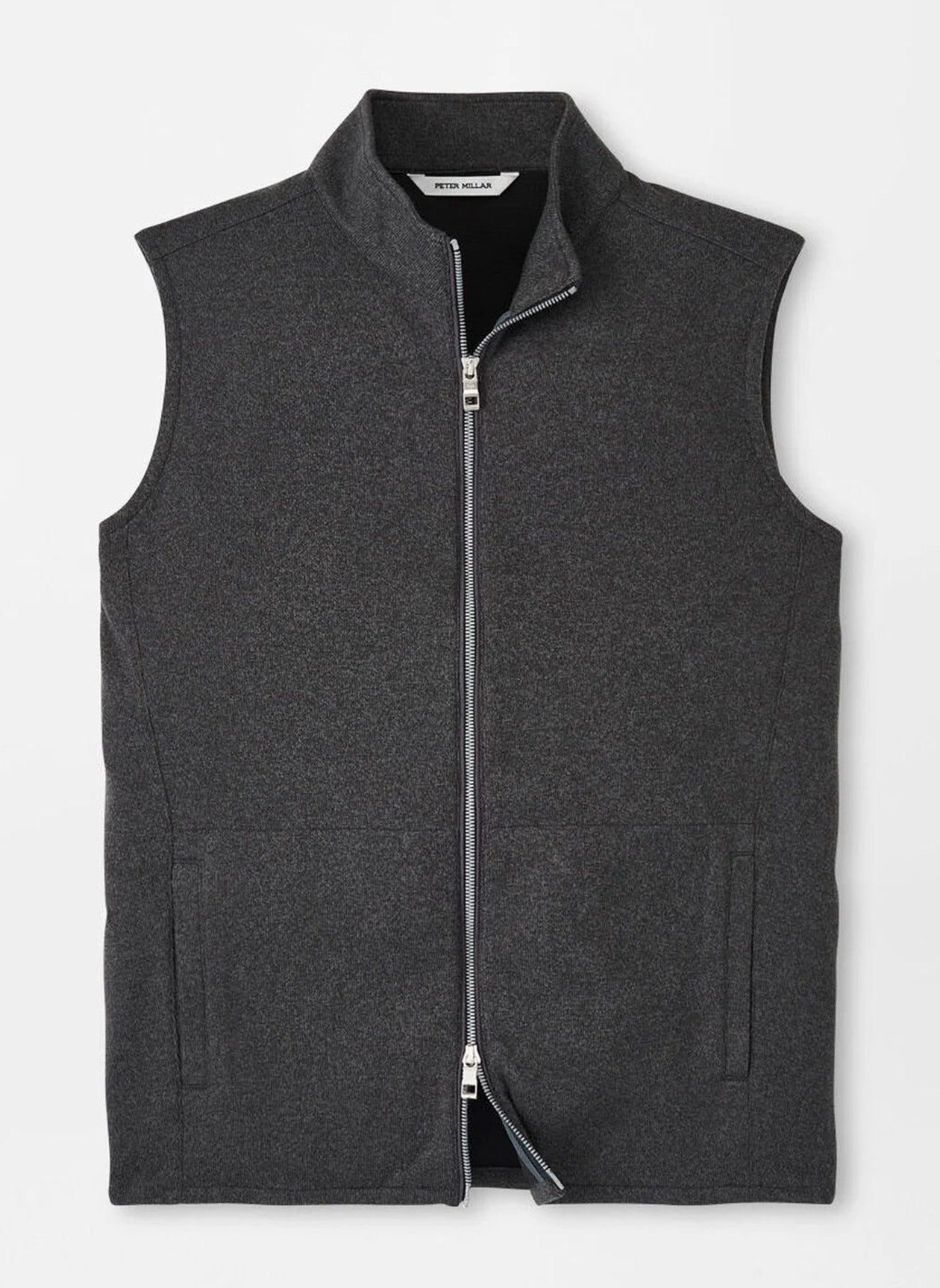 Introducing the Peter Millar Crown Sweater Fleece Vest in Iron: a dark grey, lightweight stretch zip-up sleeveless fleece vest with a stand collar. This versatile piece features a full-length zipper and two front pockets, crafted from recycled materials for an eco-friendly touch.