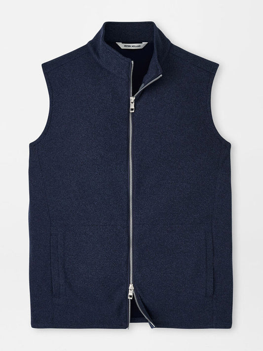 The Peter Millar Crown Sweater Fleece Vest in Navy features a front zipper and two side pockets, crafted from recycled materials, and is displayed on a flat white surface.