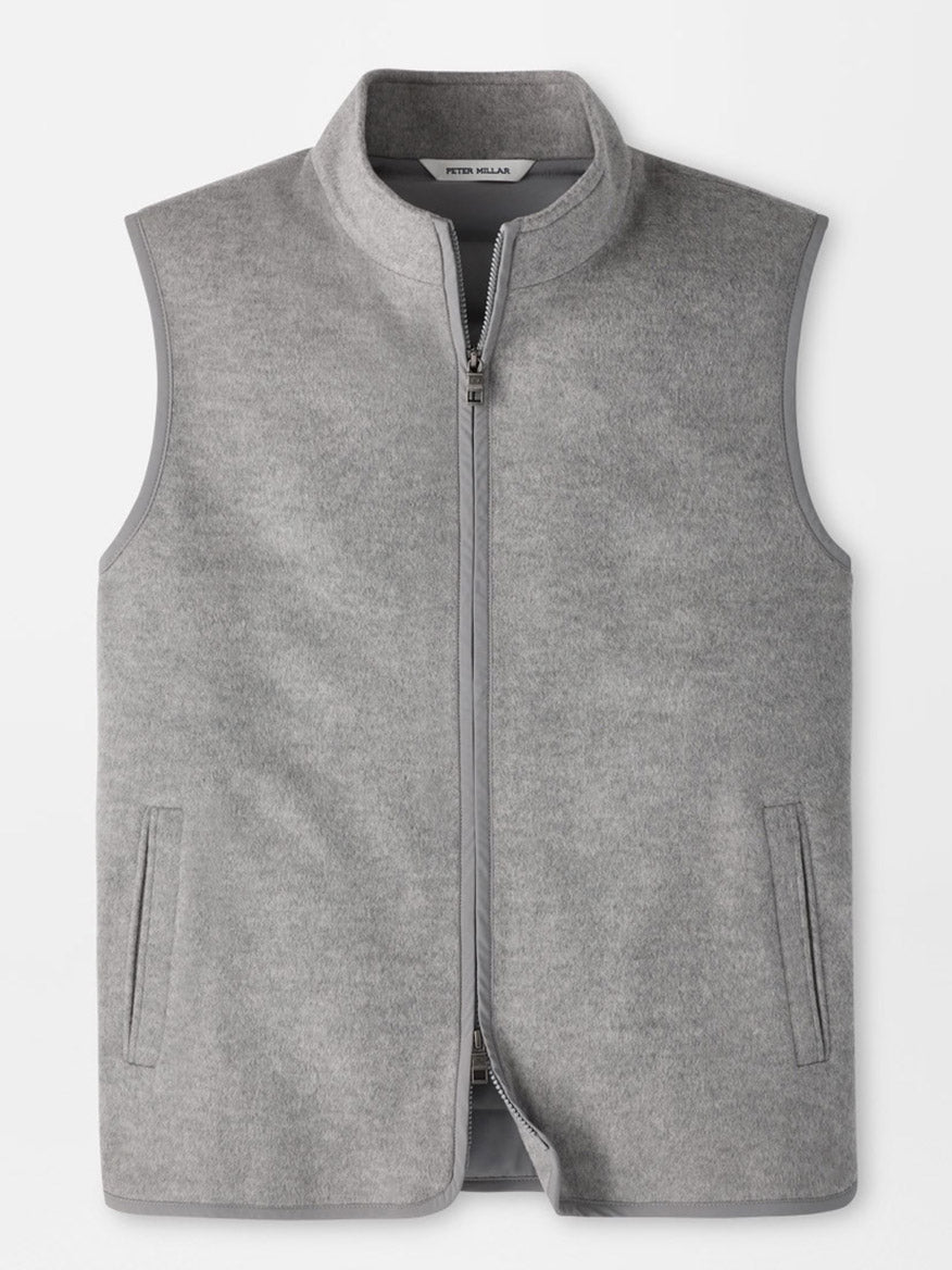 Peter Millar Crown Flex Merino Vest in British Grey, a classic fit full-zip vest in stretch-knit with a stand collar and two side pockets.