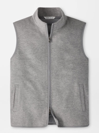 Peter Millar Crown Flex Merino Vest in British Grey, a classic fit full-zip vest in stretch-knit with a stand collar and two side pockets.