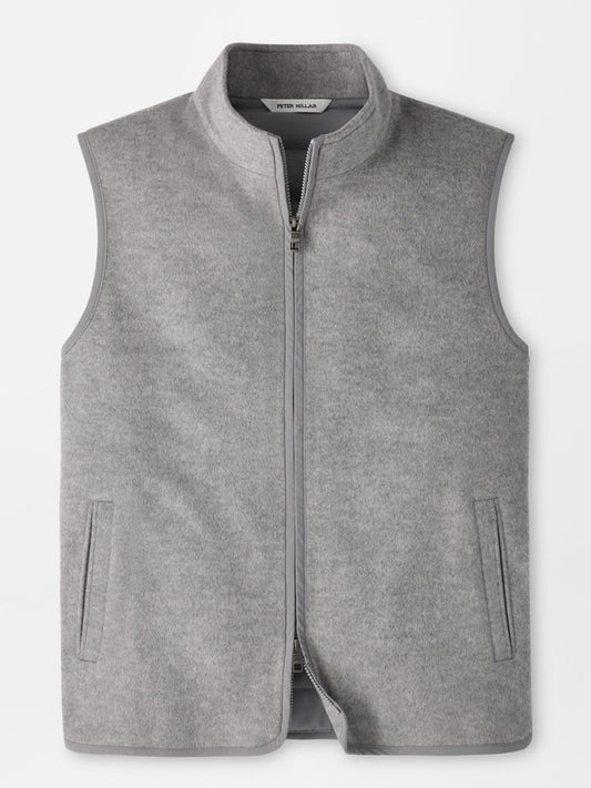 Peter Millar Crown Flex Merino Vest in British Grey, a classic fit full-zip vest in stretch-knit with a stand collar and two side pockets.