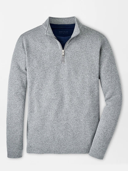 Peter Millar Crown Sweater Fleece Quarter-Zip in Gale Grey, crafted from recycled materials, laid flat on a white background.