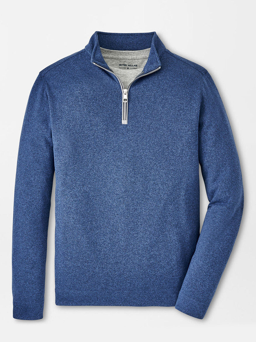 Peter Millar Crown Sweater Fleece Quarter-Zip in Ocean Blue, featuring a stand-up collar, crafted from recycled materials and accented with a grey zipper.