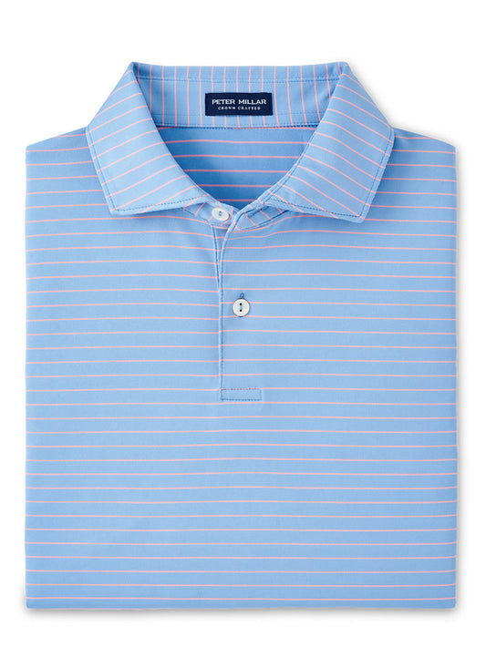Peter Millar Duet Performance Jersey Polo in Tahoe Blue with a pointed collar, UPF 50+ sun protection, and two visible buttons, showcasing the brand "Peter Millar" on the inner neck label.