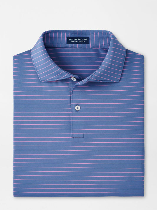 Blue and white horizontally striped Peter Millar Duet Performance Jersey Polo in Blue Pearl with a button-up collar displayed on a flat surface.