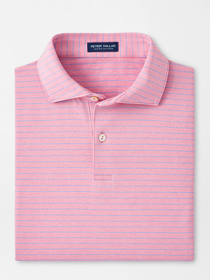 Pink and white striped Peter Millar Duet Performance Jersey Polo in Spring Blossom with UPF 50+ sun protection on display.