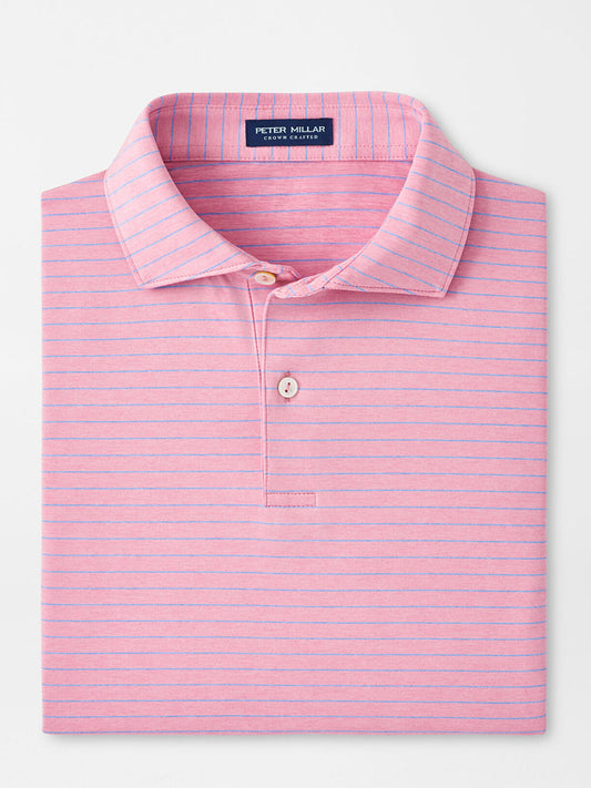Pink and white striped Peter Millar Duet Performance Jersey Polo in Spring Blossom with UPF 50+ sun protection on display.