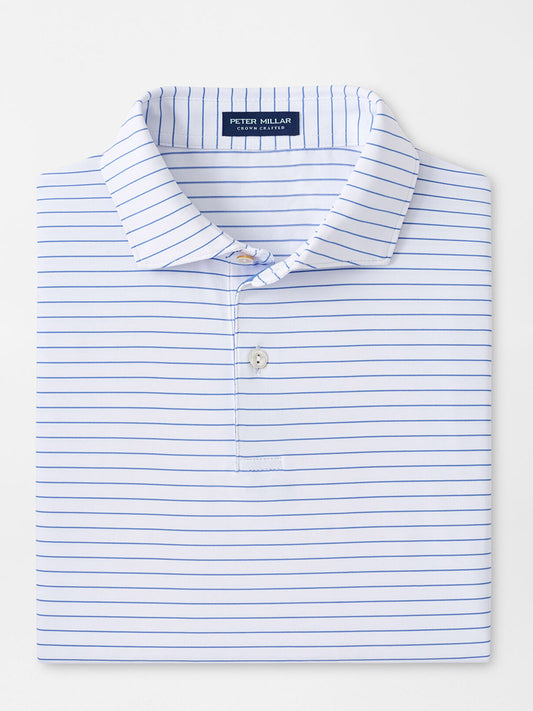 Folded blue and white striped Peter Millar Duet Performance Jersey Polo in White.