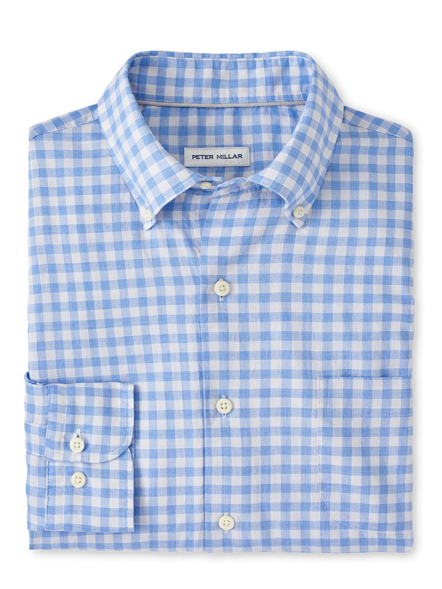 A Peter Millar Elmwood Cotton Sport Shirt in Cape Blue, made of cotton twill.
