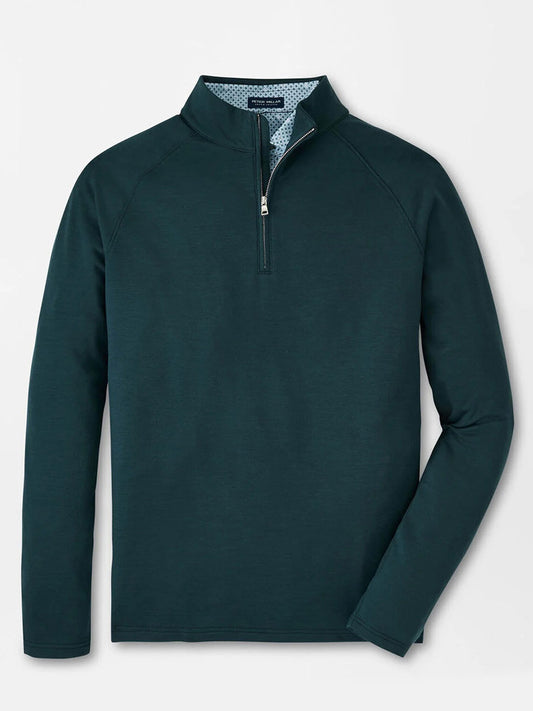 A tailored fit Peter Millar Excursionist Flex Performance Pullover in Lacinato, crafted from dark green Merino wool and featuring long sleeves with a patterned inner collar.