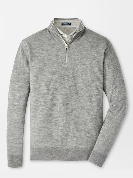 Peter Millar Excursionist Flex Quarter-Zip in Gale Grey long-sleeve polo sweater with a zipper collar, made from performance yarn.