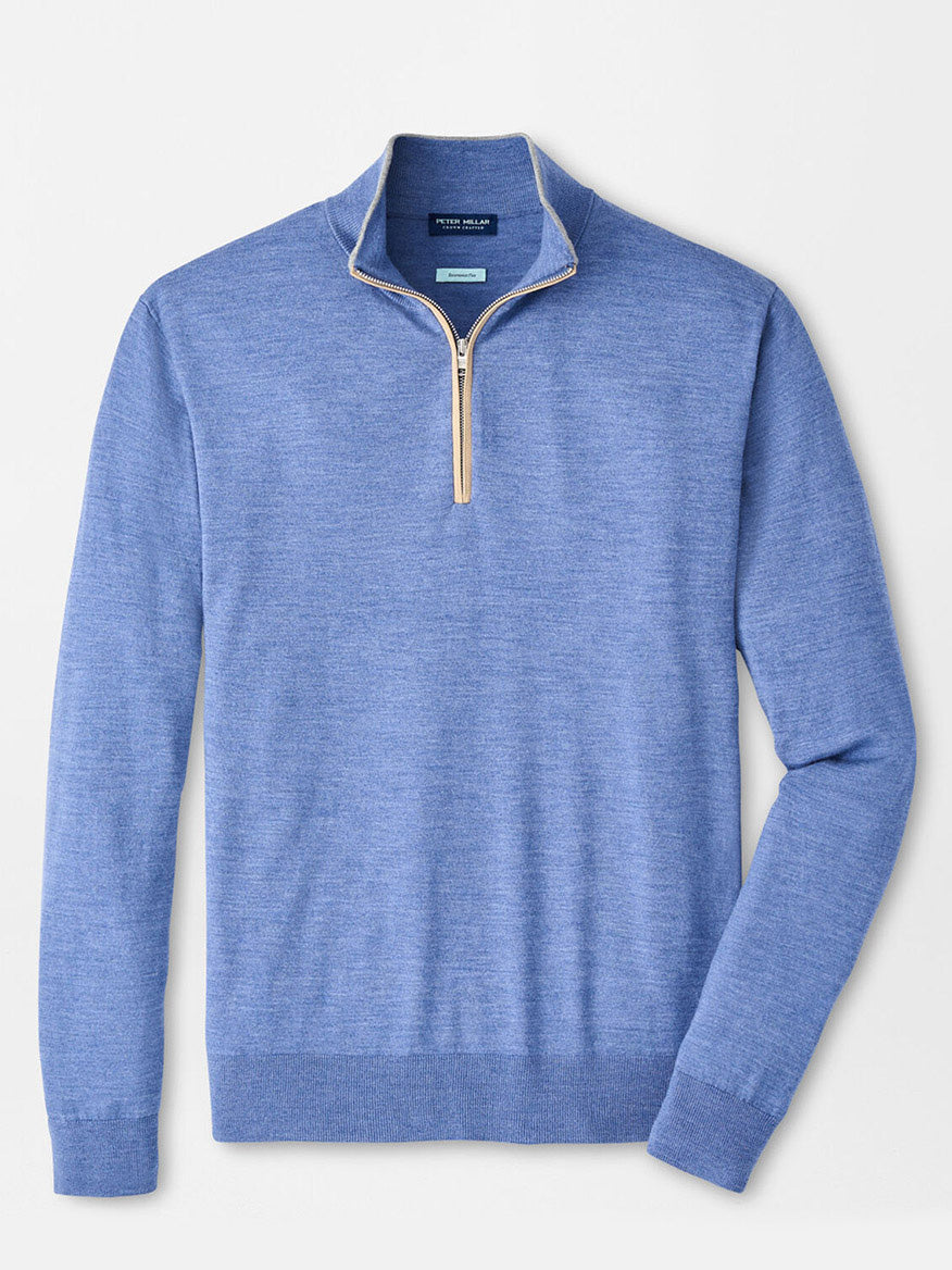 Peter Millar Excursionist Flex Quarter-Zip Sweater in Navy with a stand-up collar and beige zipper, perfect for travel, shown on a plain white background.