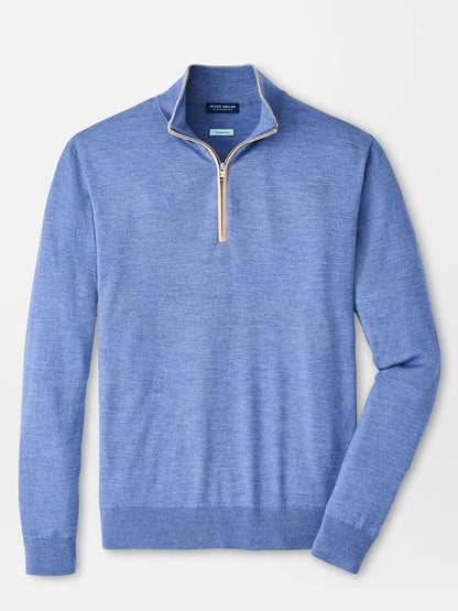Peter Millar Excursionist Flex Quarter-Zip Sweater in Navy with a stand-up collar and beige zipper, perfect for travel, shown on a plain white background.