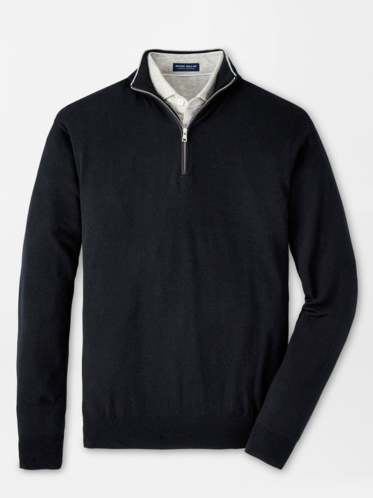 Peter Millar Excursionist Flex Quarter-Zip in Black crafted from performance yarn, displayed on a plain background, featuring a contrasting white inner collar.