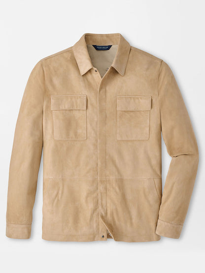 The Peter Millar Featherweight Suede Shirt Jacket in Sand features a tailored fit, two front chest pockets, a collar, and long sleeves, shown against a plain white background.