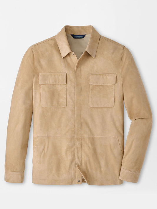 The Peter Millar Featherweight Suede Shirt Jacket in Sand features a tailored fit, two front chest pockets, a collar, and long sleeves, shown against a plain white background.
