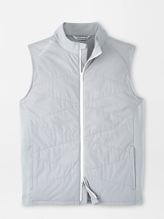 Peter Millar Fuse Hybrid Vest in Gale Grey, water-resistant vest with zipper closure on a white background.