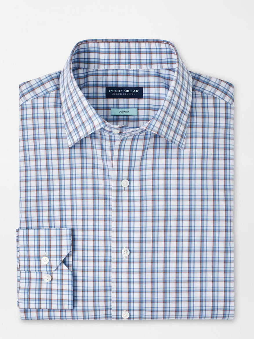 The Peter Millar Howgill Cotton Sport Shirt in Brook Blue features a folded button-up design made from premium cotton yarn with a blue, white, and brown plaid pattern on a white background. Its tailored fit creates a sleek silhouette, while the Flex Finish offers ease and comfort for every movement.