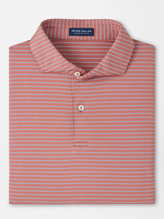 The Peter Millar Keynote Performance Jersey Polo in Faded Scarlet features white stripes, a two-button placket, four-way stretch comfort, and UPF 50+ sun protection.