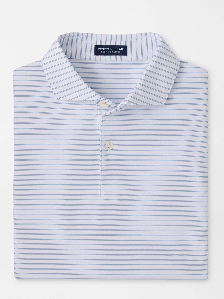 The Peter Millar Keynote Performance Jersey Polo in White features a neatly folded light blue and white stripe design, collared with two buttons, four-way stretch, UPF 50+ sun protection, and a "Peter Millar" label inside the neckline.