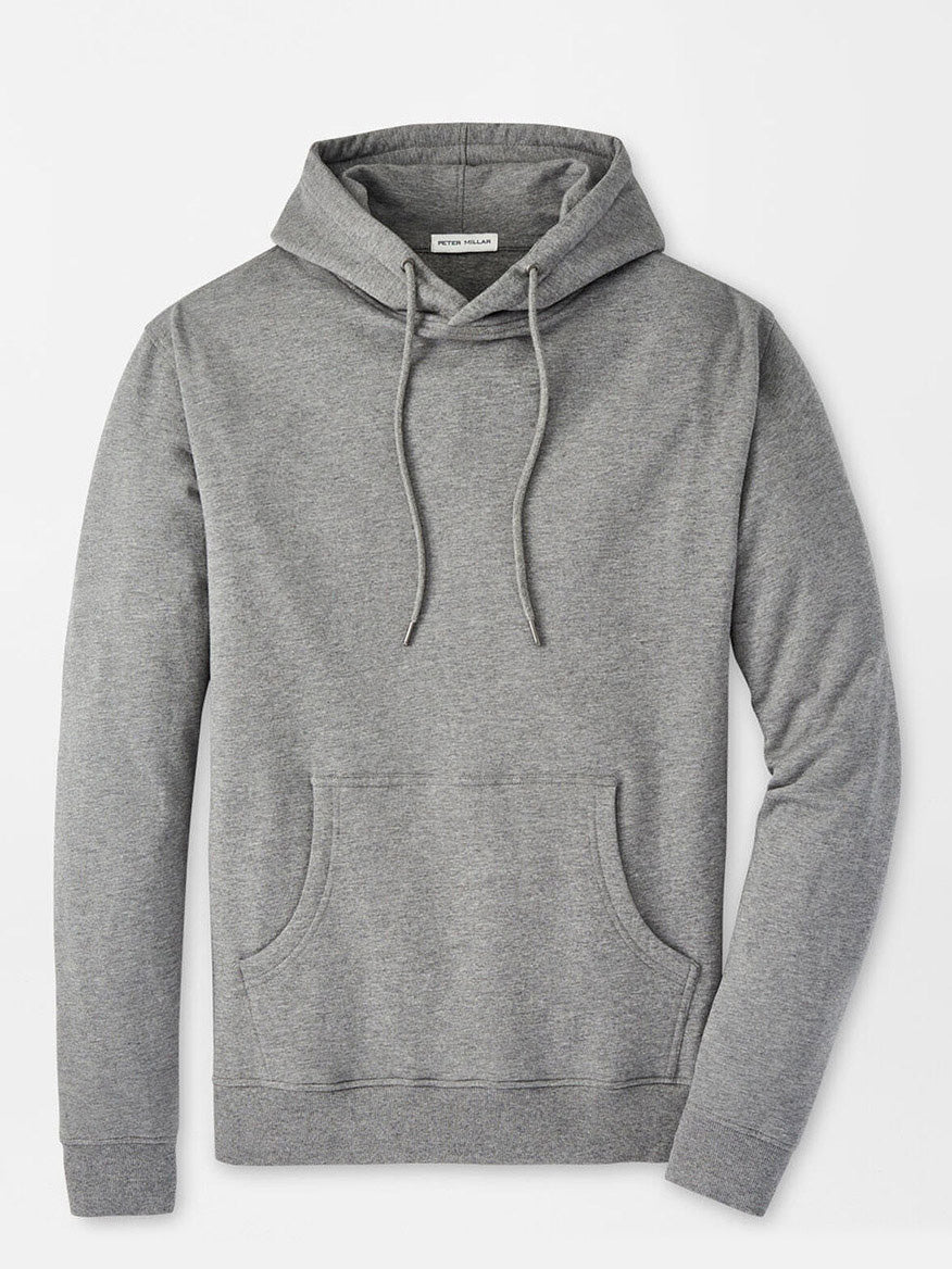 The Peter Millar Lava Wash Hoodie in Gale Grey, made from super-soft cotton-modal for comfort, features a front pocket and drawstrings, displayed flat on a white background.