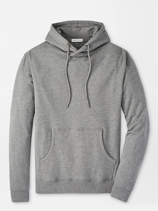 The Peter Millar Lava Wash Hoodie in Gale Grey, made from super-soft cotton-modal for comfort, features a front pocket and drawstrings, displayed flat on a white background.