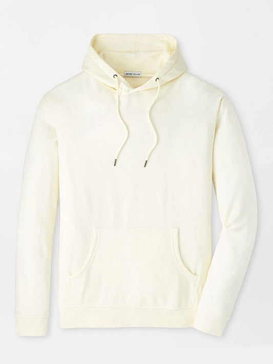 The Peter Millar Lava Wash Hoodie in Salt Water Taffy is a light yellow, classic-fit sweatshirt. Made from super-soft cotton-modal, it features a drawstring hood and front pocket, offering all-day comfort.