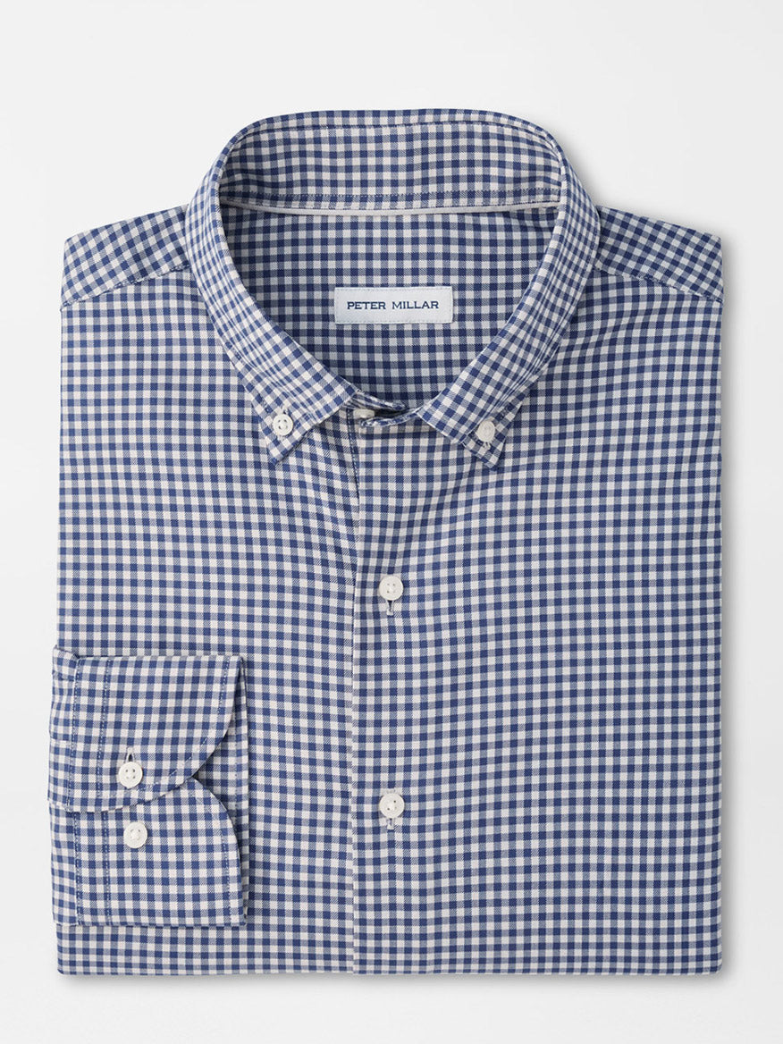 Peter Millar Liam Crown Soft Twill Sport Shirt in Navy, a classic fit long-sleeve button-down in a navy and white gingham check pattern crafted from stretch performance fabric.