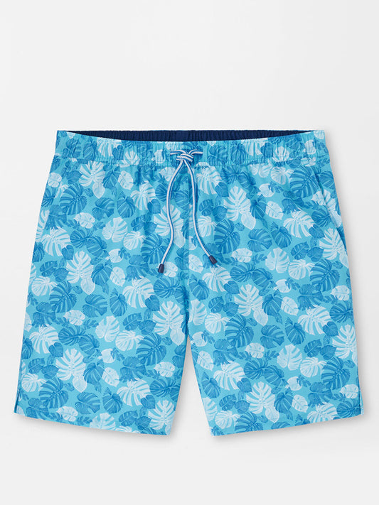 Peter Millar Linework Monstera Swim Trunk in Seasalt with quick-drying fabric and Monstera leaf print.