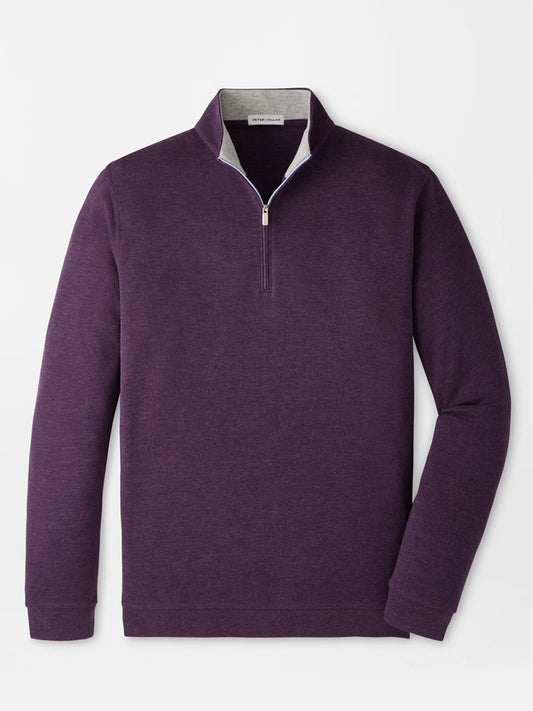 The Peter Millar Crown Comfort Pullover in Grapeseed is a long-sleeve, purple quarter-zip sweater featuring four-way stretch, a stand collar, and a silver zipper—making it the perfect lightweight layer when shown laid flat on a white background.