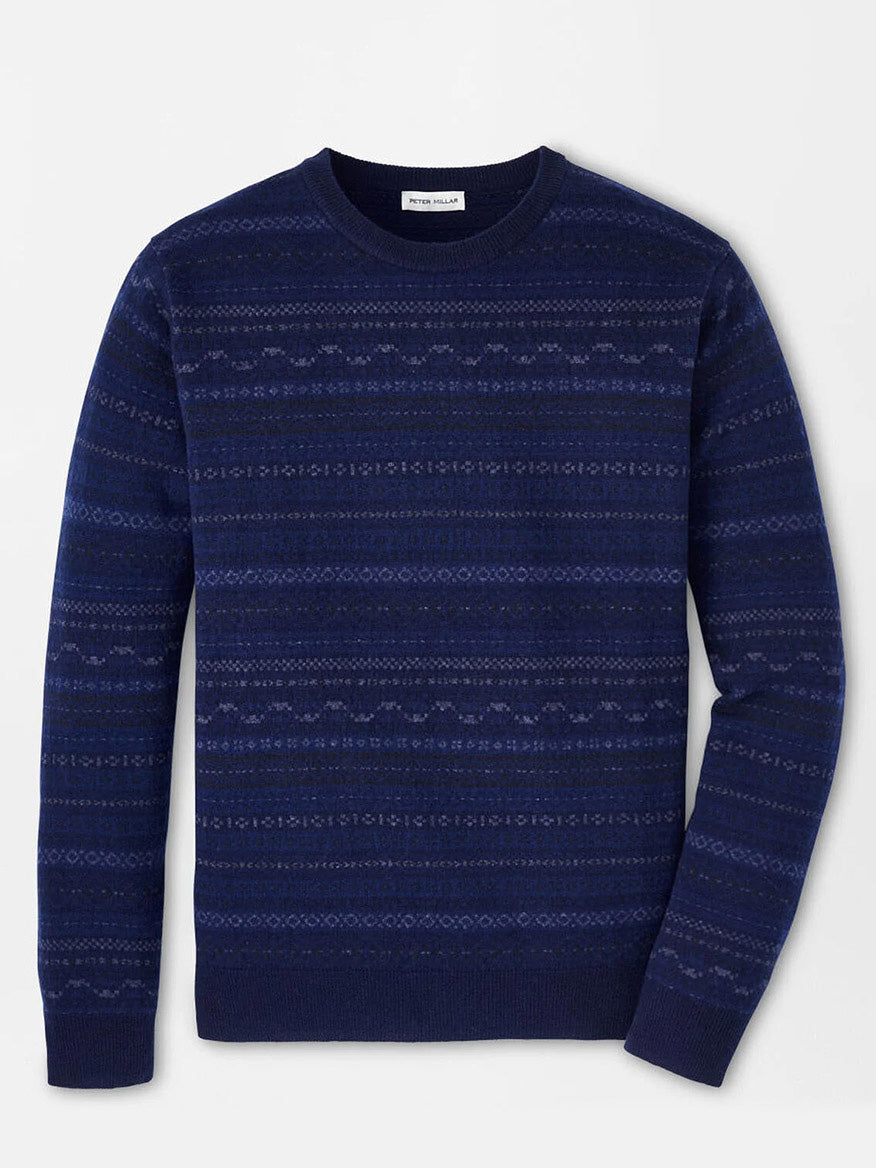 Introducing the Peter Millar Midnight Fairisle Crewneck Sweater in Navy, crafted from a luxurious cashmere blend. This sweater features varying horizontal stripe designs on a gray background for an elegant look.