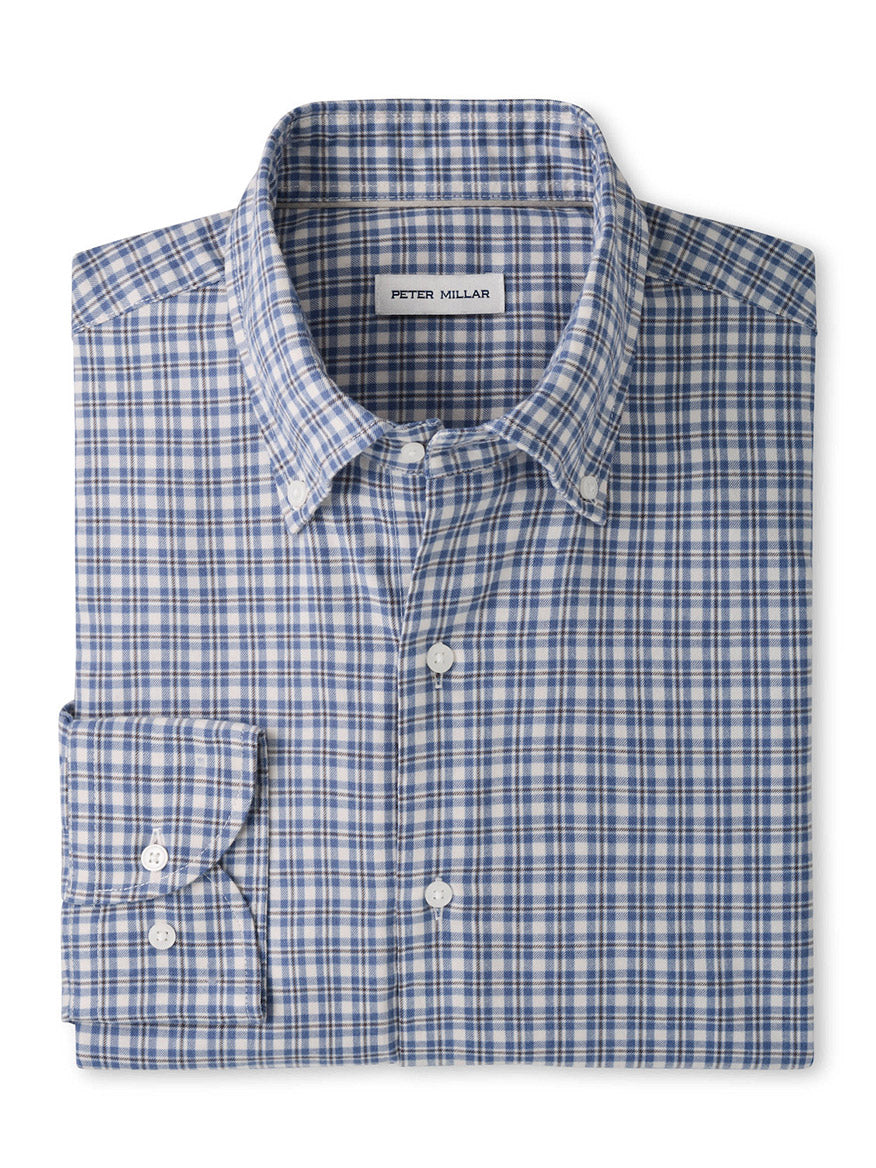 Peter Millar Oliver Performance Flannel Sport Shirt in Crown Blue: a blue and white plaid long-sleeved button-down shirt with a button-down collar, designed as a lightweight flannel.