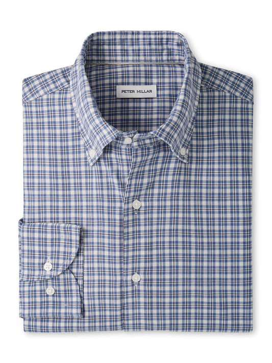 Peter Millar Oliver Performance Flannel Sport Shirt in Crown Blue: a blue and white plaid long-sleeved button-down shirt with a button-down collar, designed as a lightweight flannel.