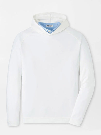 The Peter Millar Pine Performance Hoodie in White features a plain white design with long sleeves, a hood, light blue inner lining, and classic casual style, shown on a flat white background.
