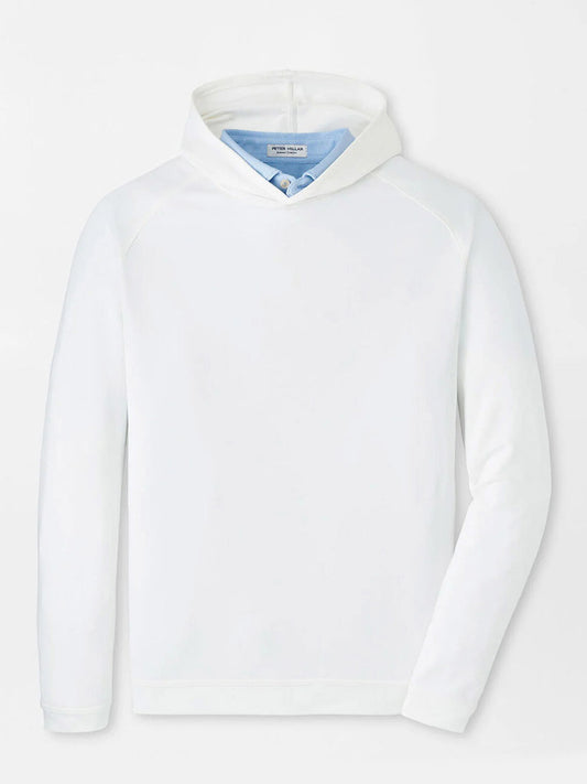 The Peter Millar Pine Performance Hoodie in White features a plain white design with long sleeves, a hood, light blue inner lining, and classic casual style, shown on a flat white background.