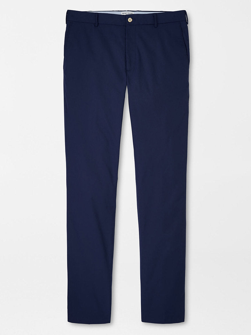 A pair of Peter Millar Raleigh Performance Trousers in Navy made from moisture-wicking performance fabric, displayed against a plain background.